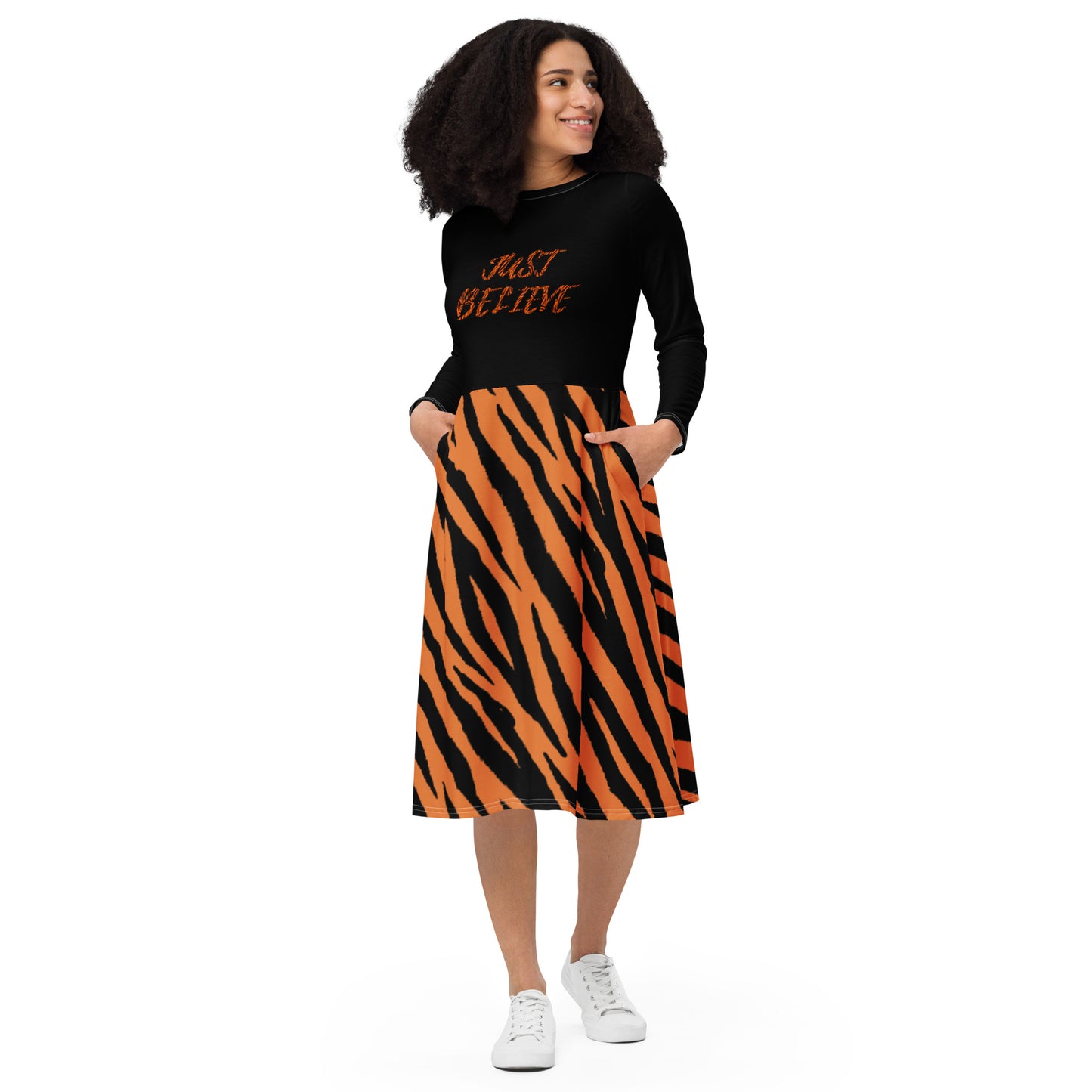 'Just Believe' Tiger Print Long Sleeve Midi Dress