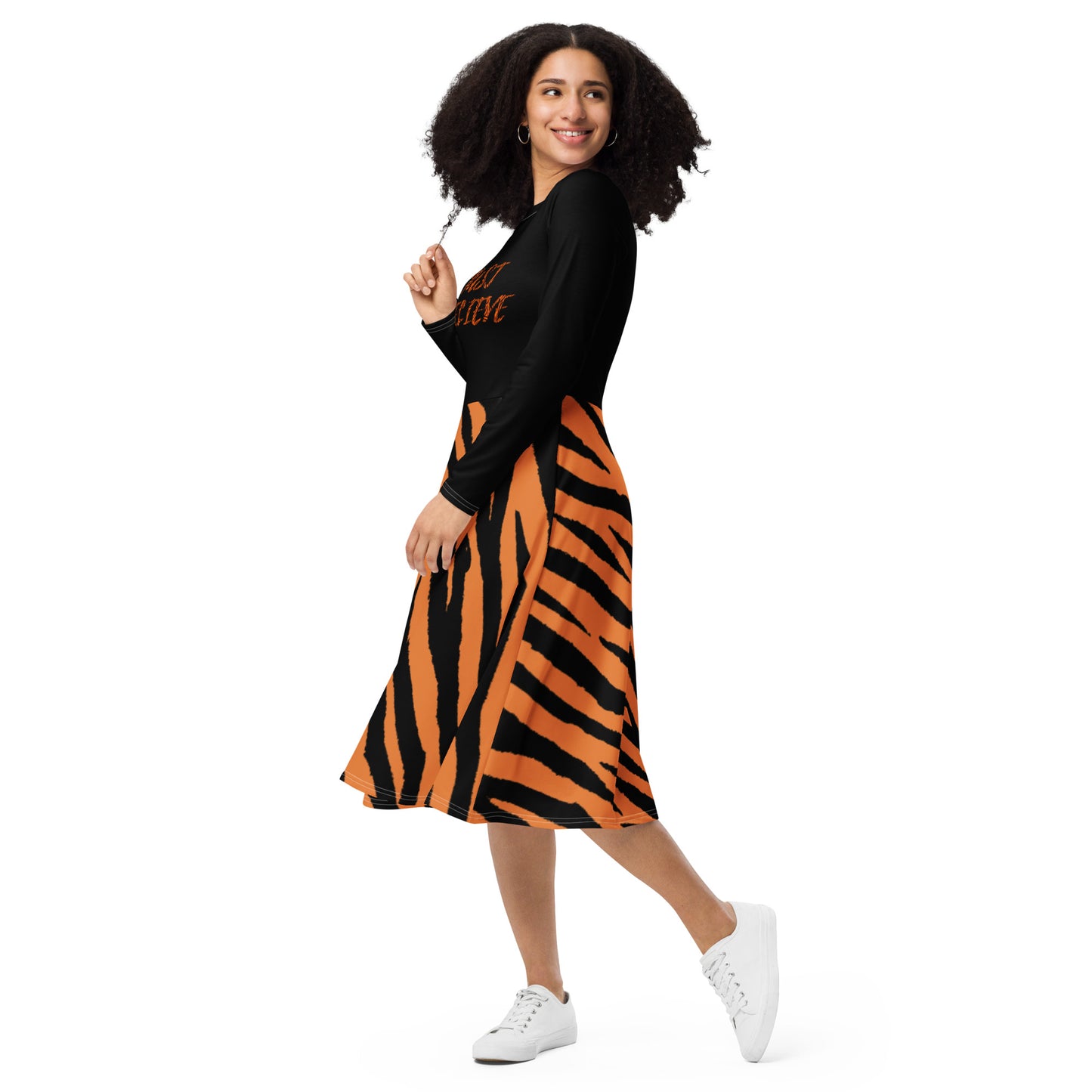 'Just Believe' Tiger Print Long Sleeve Midi Dress