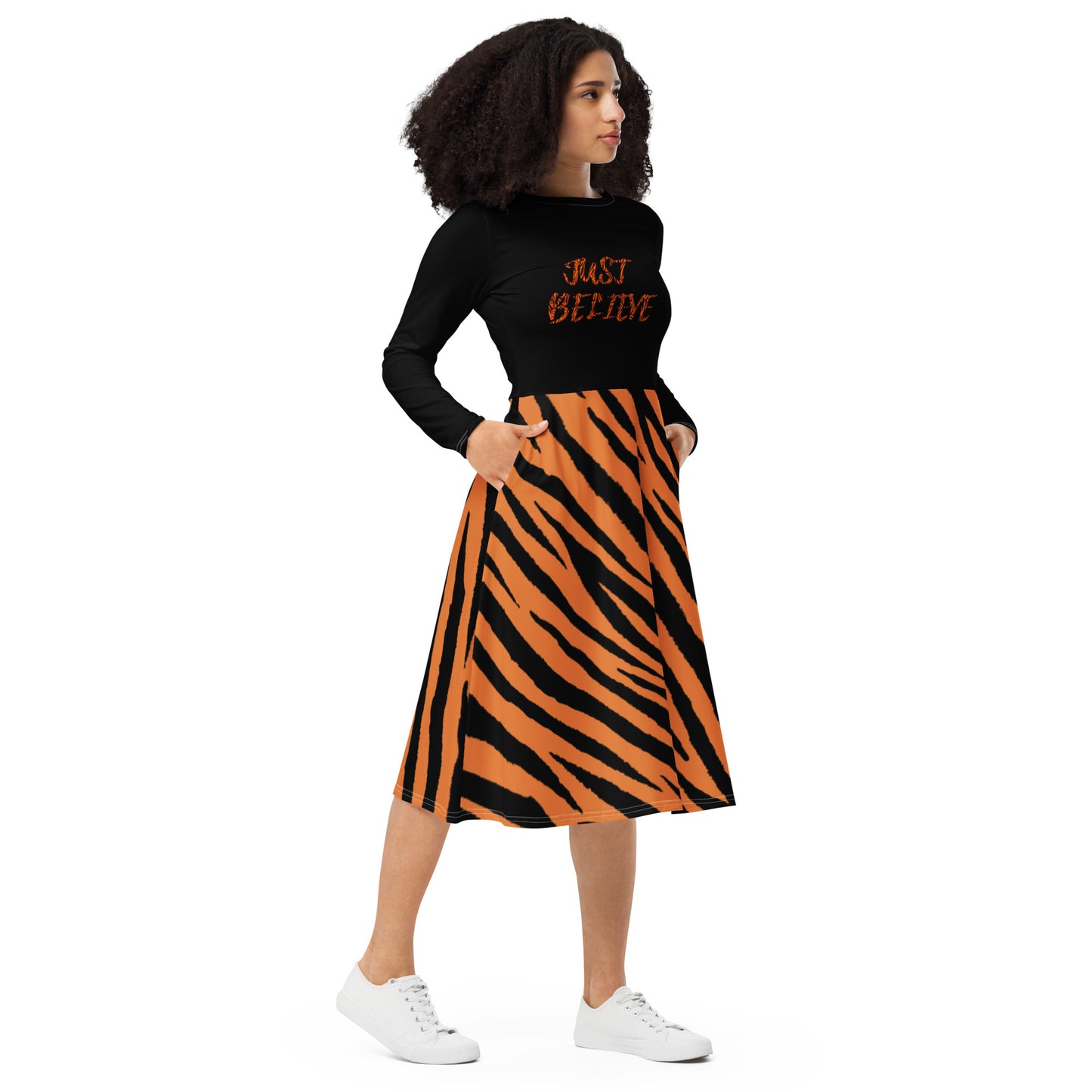 'Just Believe' Tiger Print Long Sleeve Midi Dress