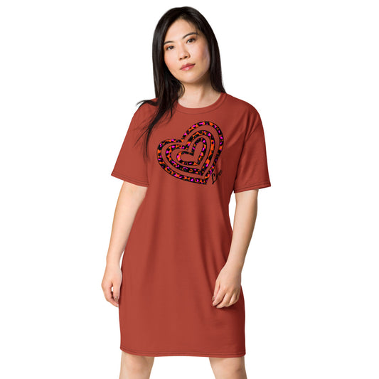 Green Heart Print Burgundy T-shirt Dress