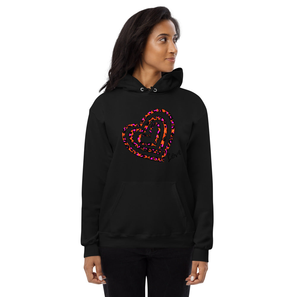 Pink Heart Print Fleece Hoodie