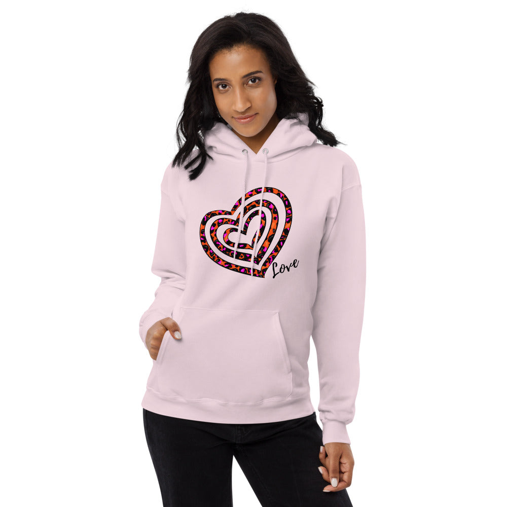 Pink Heart Print Fleece Hoodie